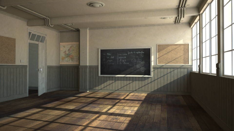 Current state of the classroom scene rendered by Indigo.
