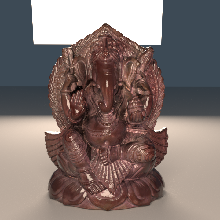 Very
detailed scan of a small statue with over 4.3 million triangles,
illuminated by a few area light sources.