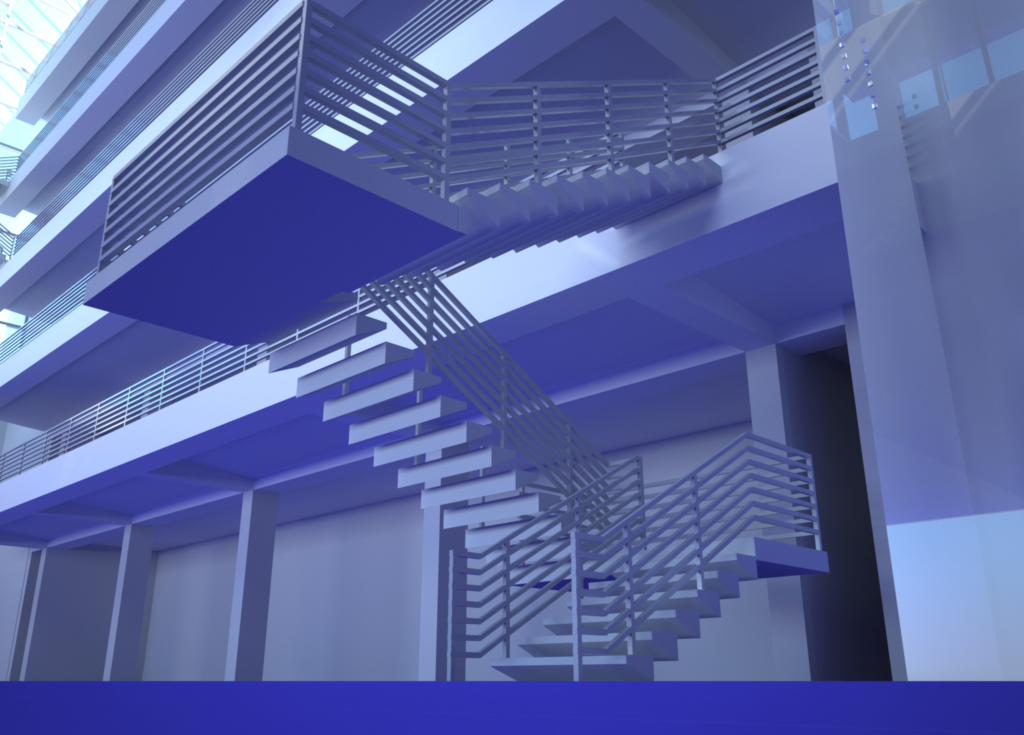 Indigo rendering of the staircase.