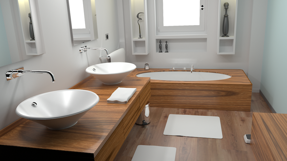 Luxrender rendering of a modern bathroom (from Blend Swap).