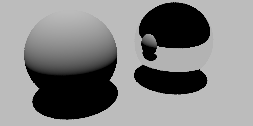 Scene with
a mirror material on the second sphere, rendered for matte materials
via the Rust version of PBRT.