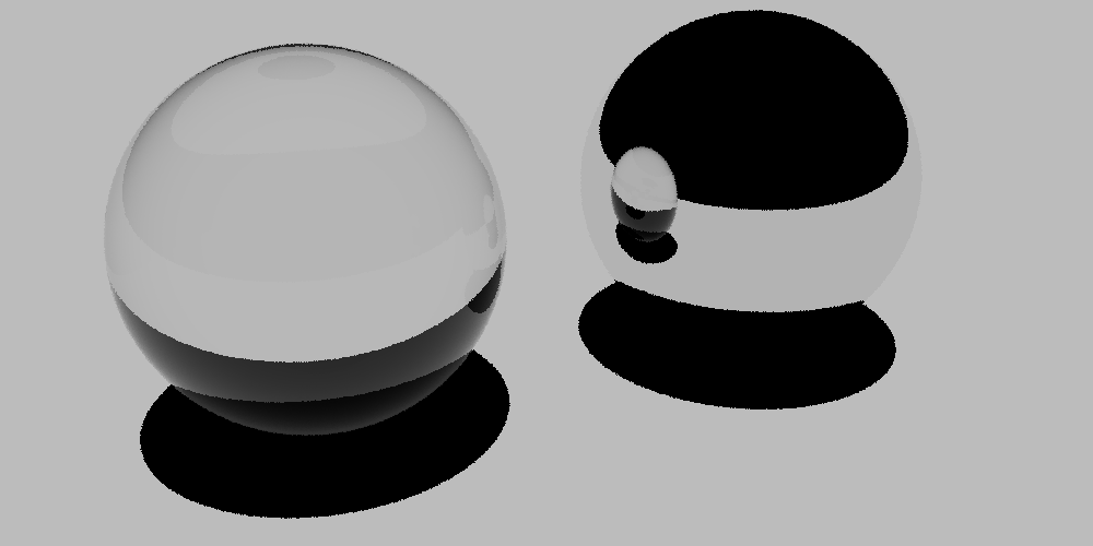 Scene with
a glass material on the first sphere and a mirror material on the
second sphere, rendered for matte materials via the Rust version of
PBRT.