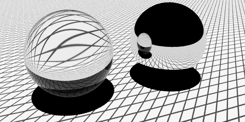 A glass
and a mirror sphere on a textured ground plane.