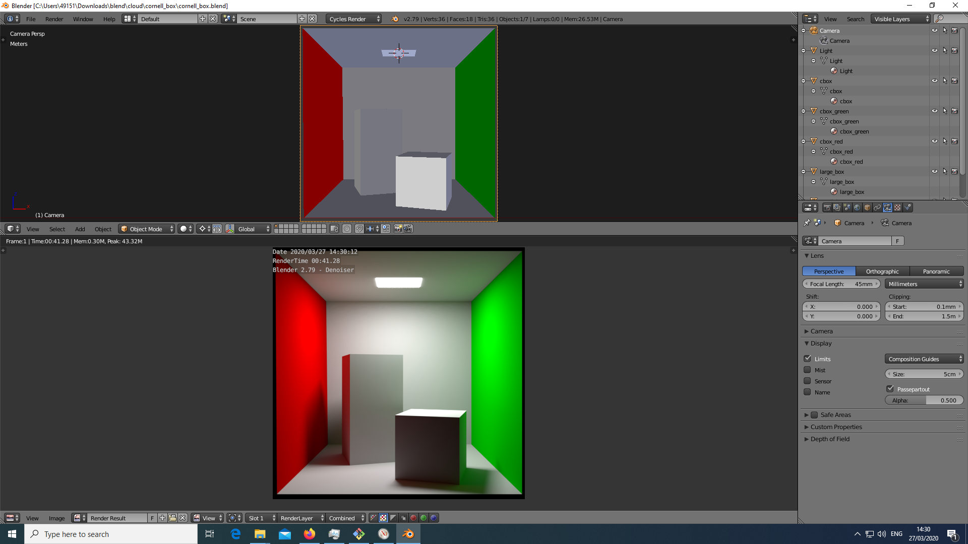 Windows 10
screenshot of the Blender v2.79 Cornell Box.