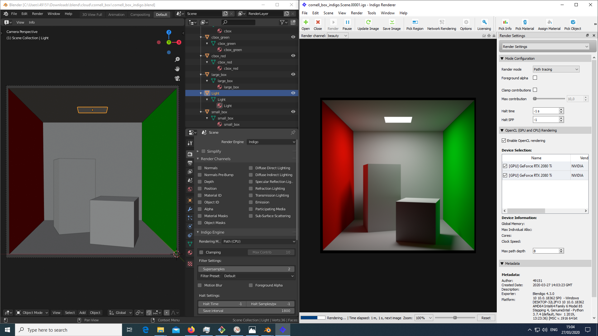 Windows 10
screenshot of Blender v2.82 and Indigo Renderer.