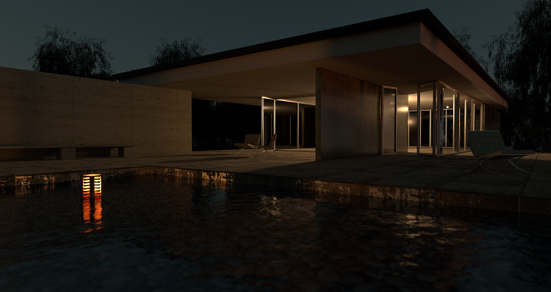 Barcelona Pavilion night-time scene render by PBRT.