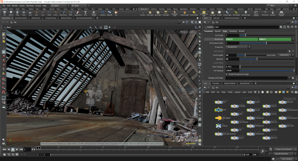 The Attic scene within Houdini