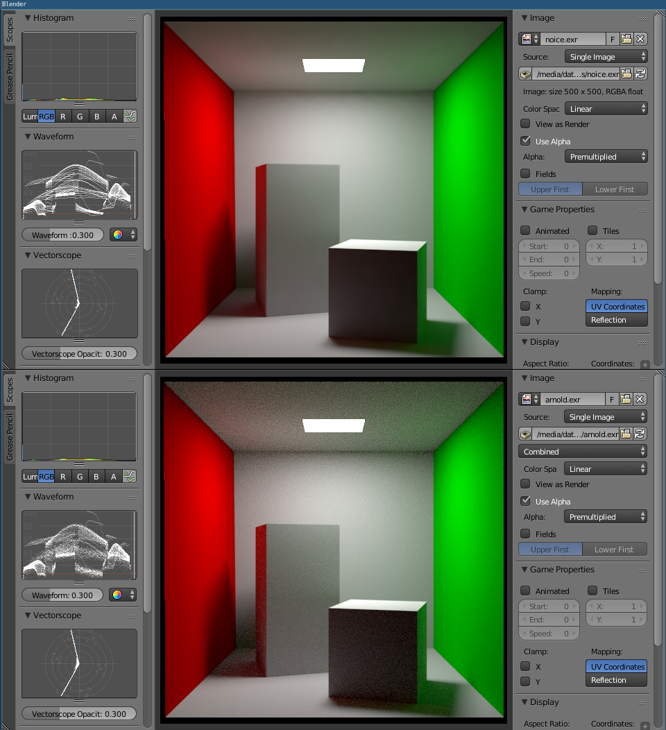 Original vs. denoised version rendered by Arnold