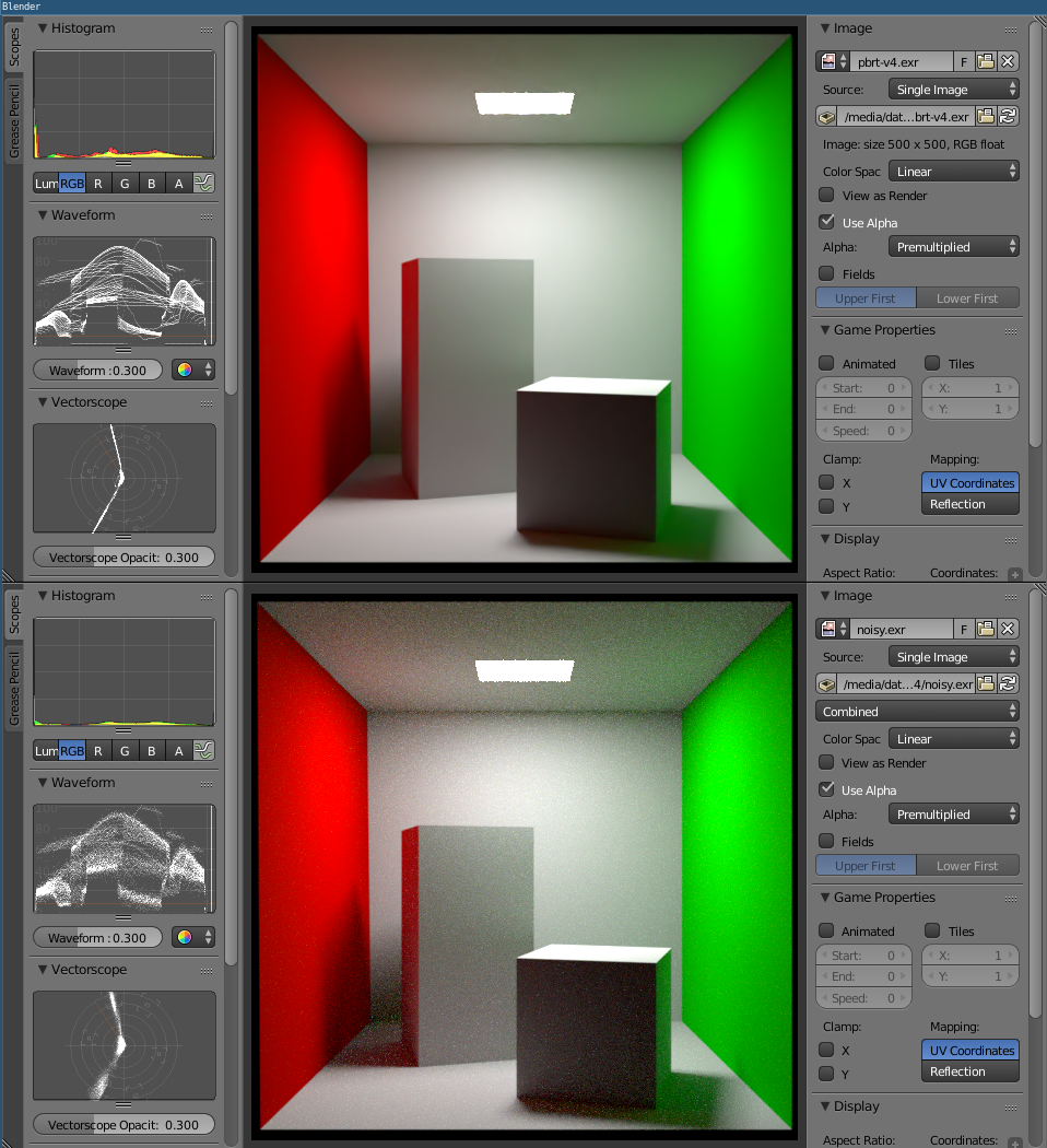 Original vs. denoised version rendered by pbrt-v4